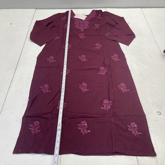 Chic Boutique Studio Kurta Pants Set Womens L Purple Floral Embroidered 2 Piece - Picture 8 of 13